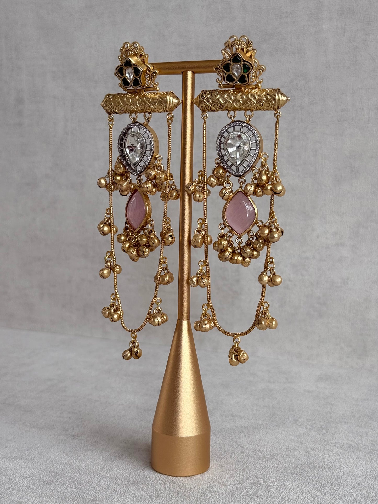 Ayura Designs Rouf Earrings – Kashmiri Earrings with Blush Pink Stone, Crystal Detailing & Ghungroo Accents