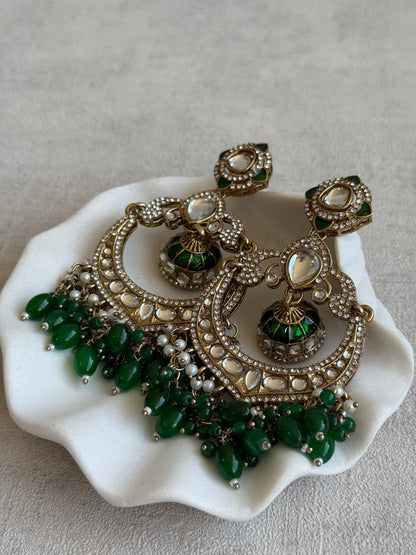 Ayura Designs Reha Earrings – Statement Chandbalis with Emerald Green Beads, Pearls & Mirror-Cut Stones
