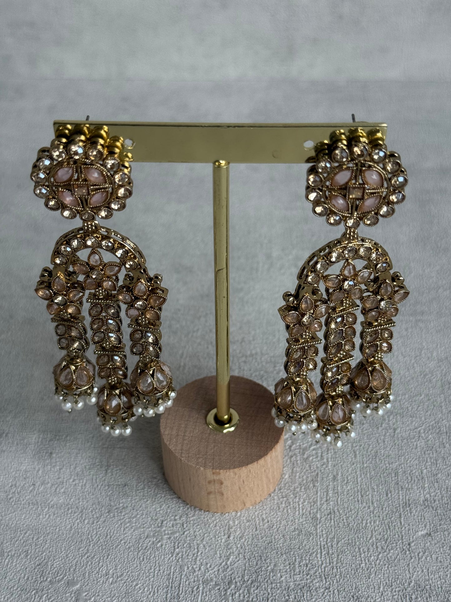Ayura Designs Soraya Earrings – Blush Pink Stones, Champagne Crystals, Pearl Detailing & Gold Finish