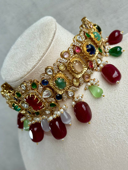 Ayura Designs Hazel Choker Set with Earrings – Multicolour Crystals & Ruby Drop Beads