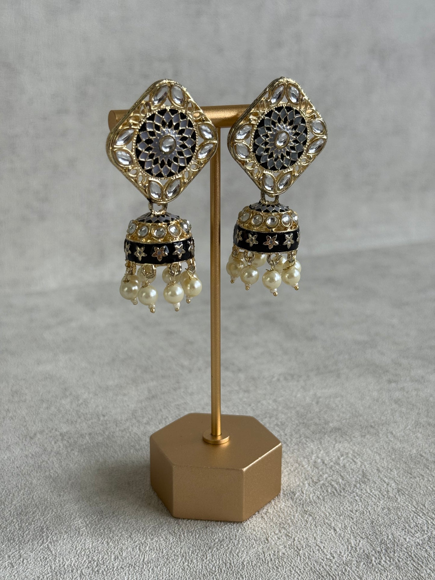 Ayura Designs Rangoli Jhumkis – Silver, Black & Ivory Meenakari with Pearl Drops in Antique Gold Finish