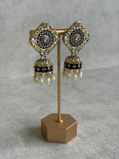 Ayura Designs Rangoli Jhumkis – Silver, Black & Ivory Meenakari with Pearl Drops in Antique Gold Finish