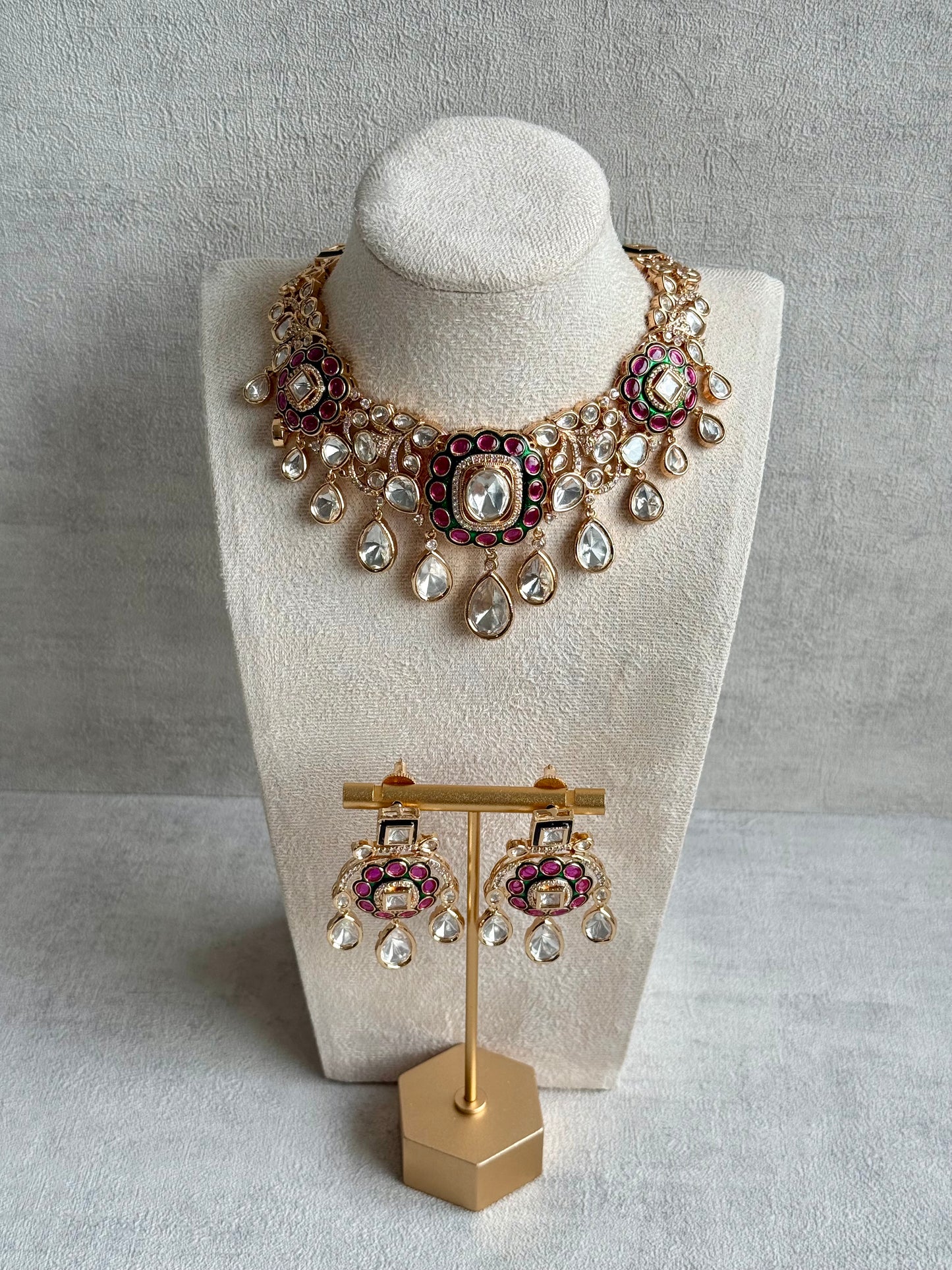 Ayura Designs Ishika Set – Kundan Necklace with Pink & Green Meenakari and Teardrop Crystals