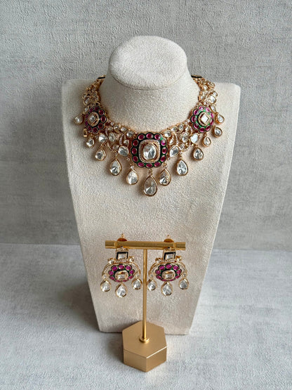 Ayura Designs Ishika Set – Kundan Necklace with Pink & Green Meenakari and Teardrop Crystals