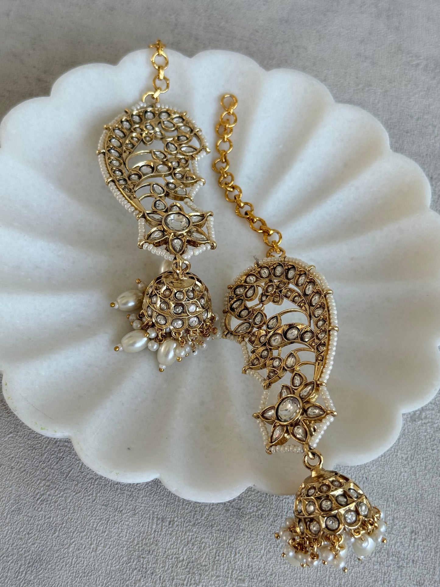 Ayura Designs Urisha Ear Climber Jhumkis – Pearl & Kundan Earrings, Indian Pakistani Bridal Wedding Jewellery