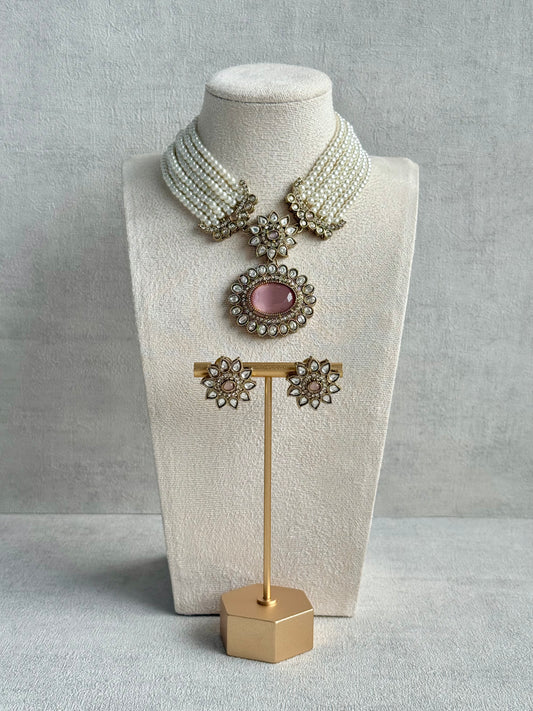 Ayura Designs Amaya Necklace Set with Studs – Antique Finish in Blush Pink Stones with Pearl Strands