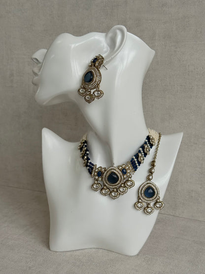 Ayura Designs Rahi Necklace Set with Earrings & Tikka – Ink Blue Stones with Mirror-Cut Detailing & Pearl Strands