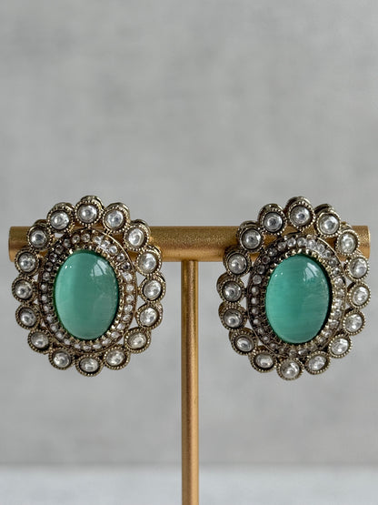 Ayura Designs Inza Necklace Set – Aqua Green Stones, Kundan & Crystals with Antique Gold Finish