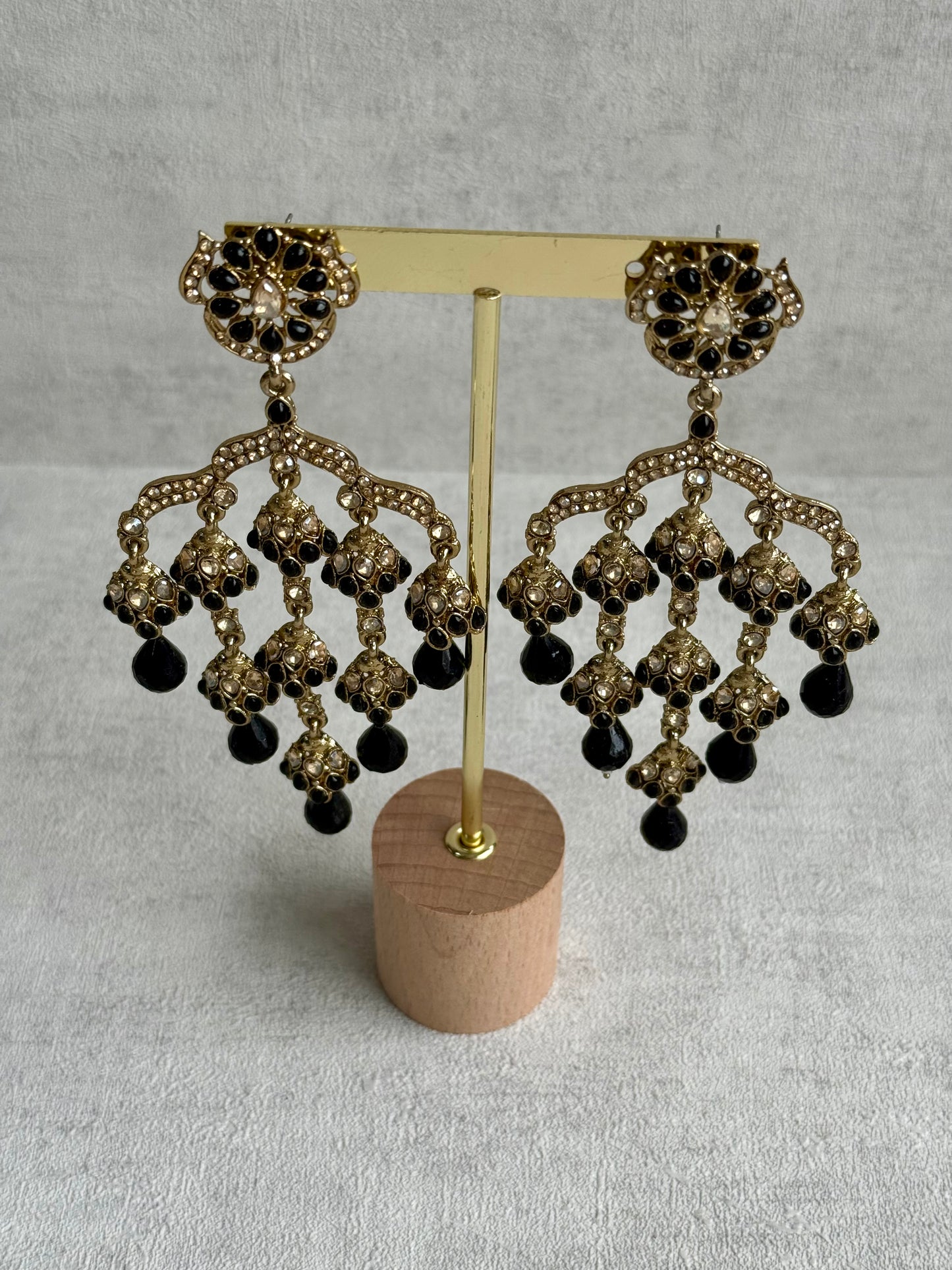 Ayura Designs Jasmine Earrings – Black Chandelier Earrings with Antique Gold Detailing & Tiered Drops