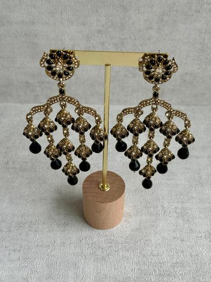 Ayura Designs Jasmine Earrings – Black Chandelier Earrings with Antique Gold Detailing & Tiered Drops