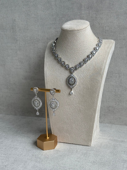 Ayura Designs Bella Set – Silver Necklace & Earrings with Teardrop Moissanite Stones & Radiant Halo Design