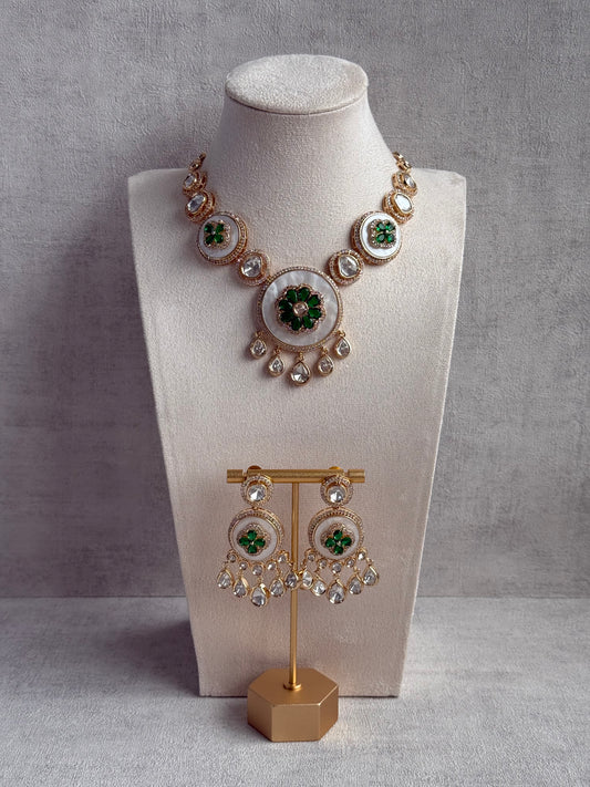 Ayura Designs Wisah Set with Necklace & Earrings – Emerald Green Floral Motifs with Mother of Pearl, Mirror-Cut Stones & Crystal Detailing