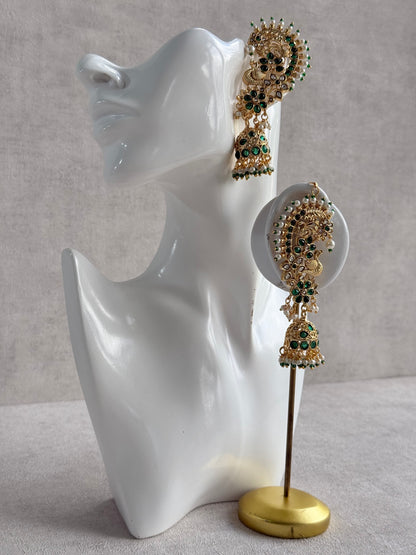 Ayura Designs Nitya Kaanphool Jhumkis – Gold Peacock Motifs, Emerald Green Kundan & Pearl Drops with Attached Sahare