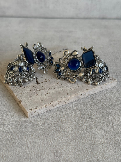 Ayura Designs Noorani Earrings – Oxidised Silver with Lajwardi Blue Stones, Kundan Detailing & Enamelled Jhumkis