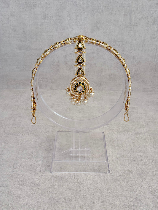 Ayura Designs Kassu Tikka Sheeshphool – Kundan & Green Enamel Headpiece with Pearl Drops