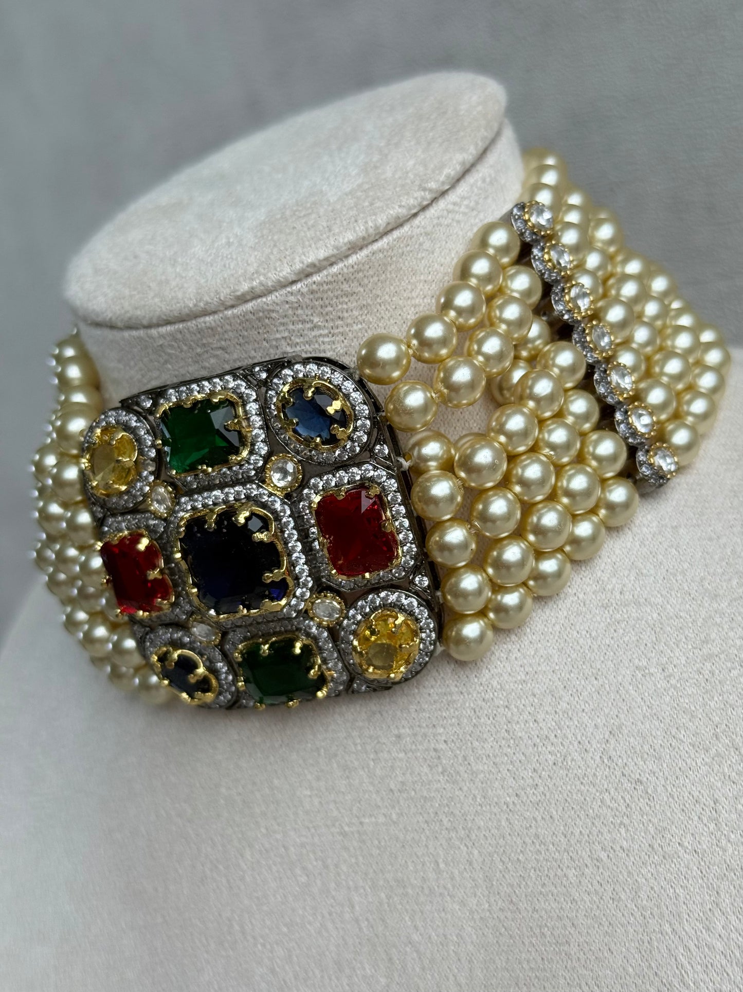 Ayura Designs Amelia Choker Set with Earrings – Moissanite Stonework with Layered Pearls in Antique Silver Finish (Deep Jewel Tones)