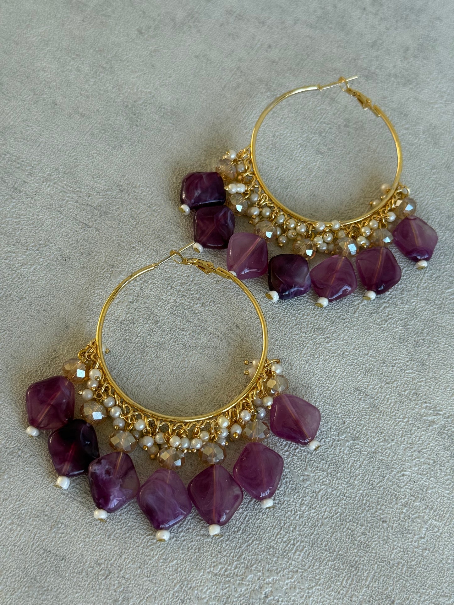 Ayura Designs Heer Balis – Gold Hoops with Amethyst Plum Marble Beads, Pearls & Crystal Detailing