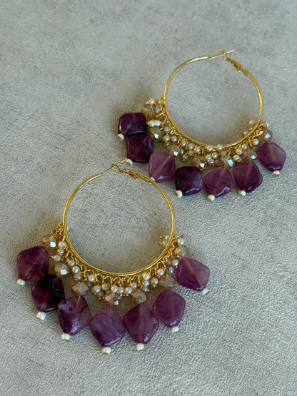 Ayura Designs Heer Balis – Gold Hoops with Amethyst Plum Marble Beads, Pearls & Crystal Detailing