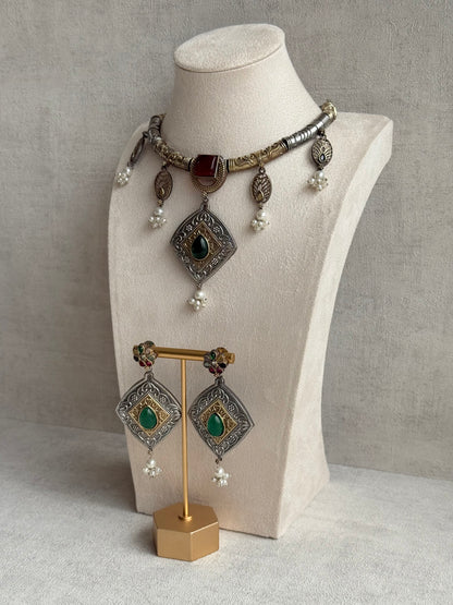 Ayura Designs Paayal Set with Earrings – Dual Tone Oxidised Necklace Set with Multicolour Stones & Pearl Clusters