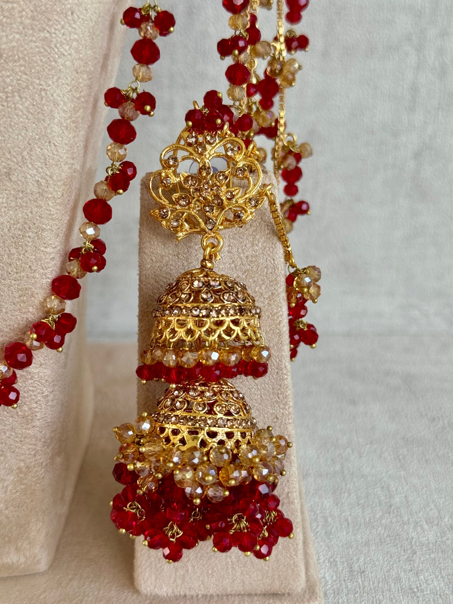Ayura Designs Ishqiya Bridal Set with Necklace, Jhumkis with Sahare, Tikka & Jhoomer – Antique Gold, Champagne Stones & Red Bead Detailing