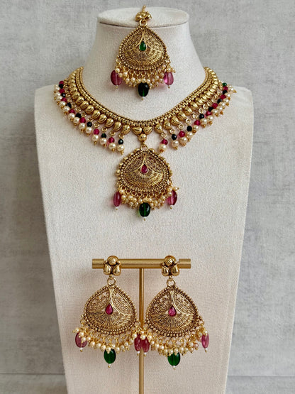Ayura Designs Hamida Set with Necklace, Earrings & Tikka – Antique Gold with Ruby Pink and Emerald Green Beads & Pearl Detailing