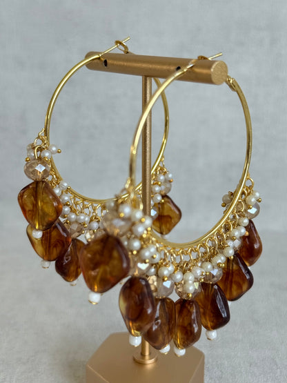 Ayura Designs Heer Balis – Gold Hoops with Smokey Amber Marble Beads, Pearls & Crystal Detailing