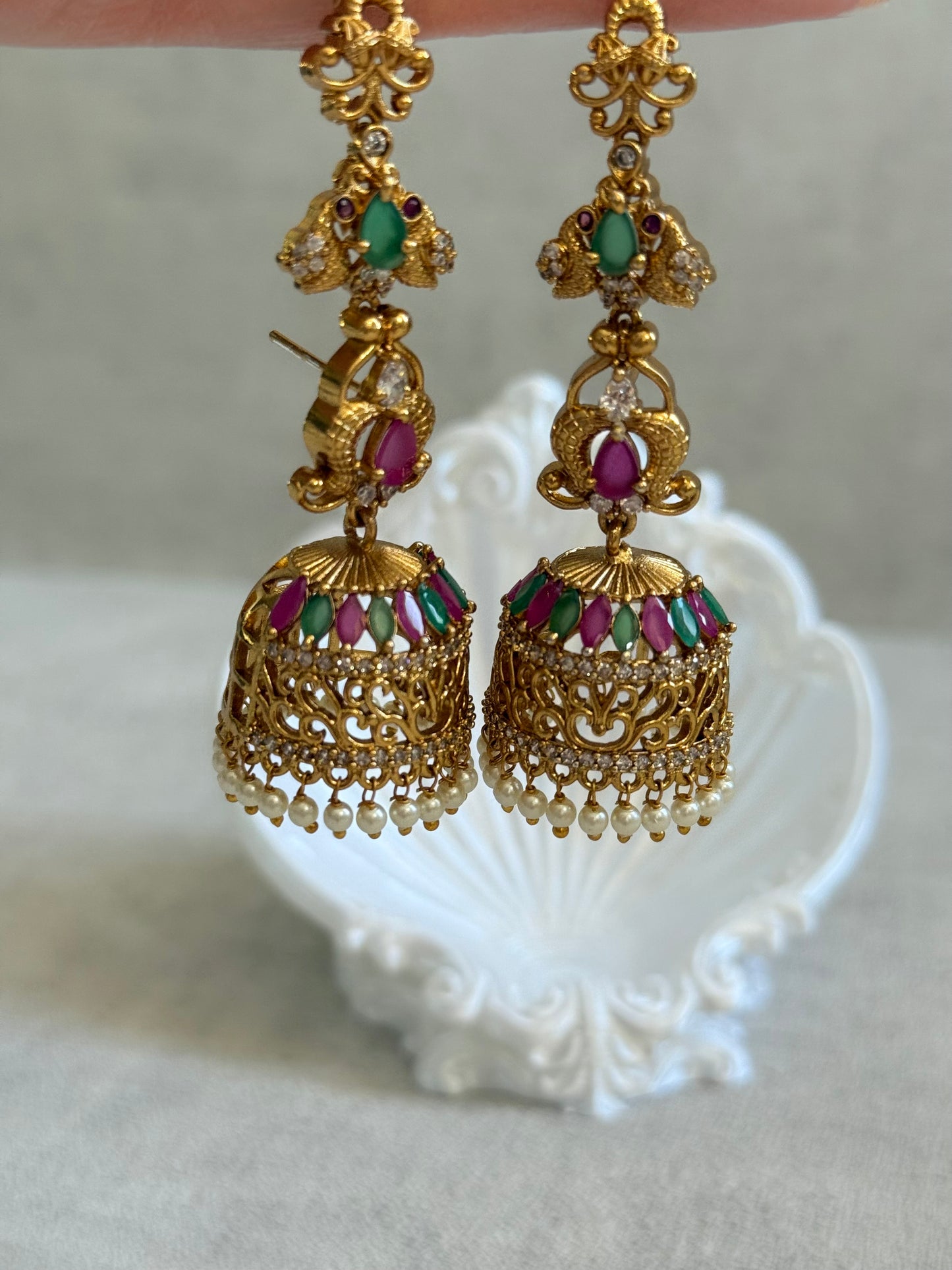 Ayura Designs Alar Jhumkis – Ear Climber in Antique Gold with Emerald & Pink Stones and Pearl Drops