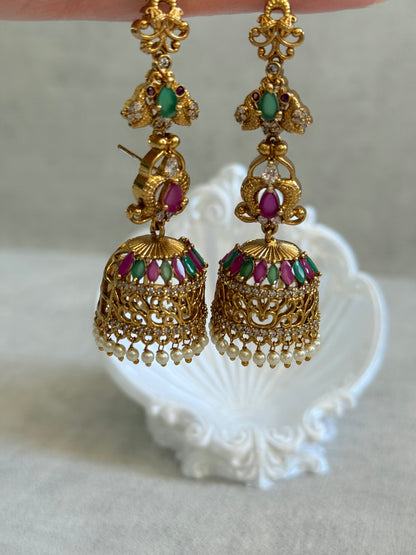 Ayura Designs Alar Jhumkis – Ear Climber in Antique Gold with Emerald & Pink Stones and Pearl Drops