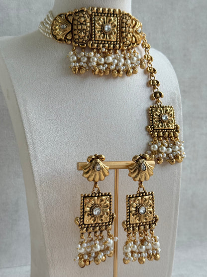 Ayura Designs Nabila Choker Set with Earrings & Tikka – Antique Gold Finish, Sea Shell Detailing, Pearls & Ghungroos