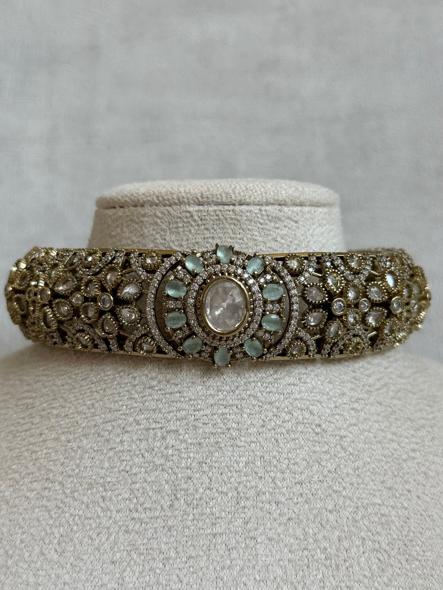 Ayura Designs Genevieve Choker Set with Studs – Mint Crystal Kundan in Antique Gold