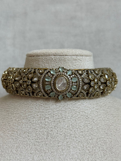 Ayura Designs Genevieve Choker Set with Studs – Mint Crystal Kundan in Antique Gold