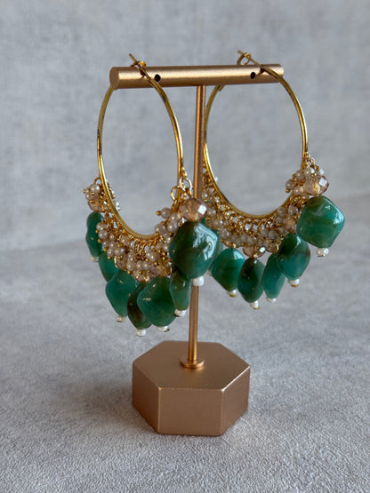 Ayura Designs Heer Balis – Gold Hoops with Jade Green Marble Beads, Pearls & Crystal Detailing