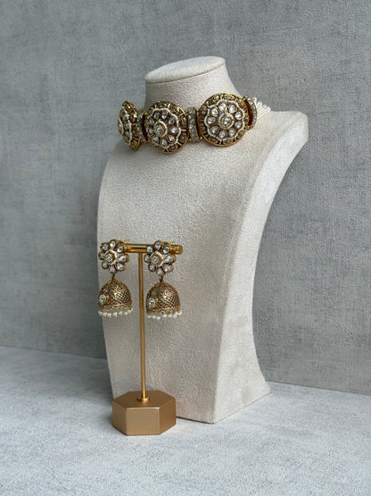 Ayura Designs Tanu Choker Set – Antique Gold Choker & Jhumkis with Kundan, Pearl Borders & Filigree Detailing