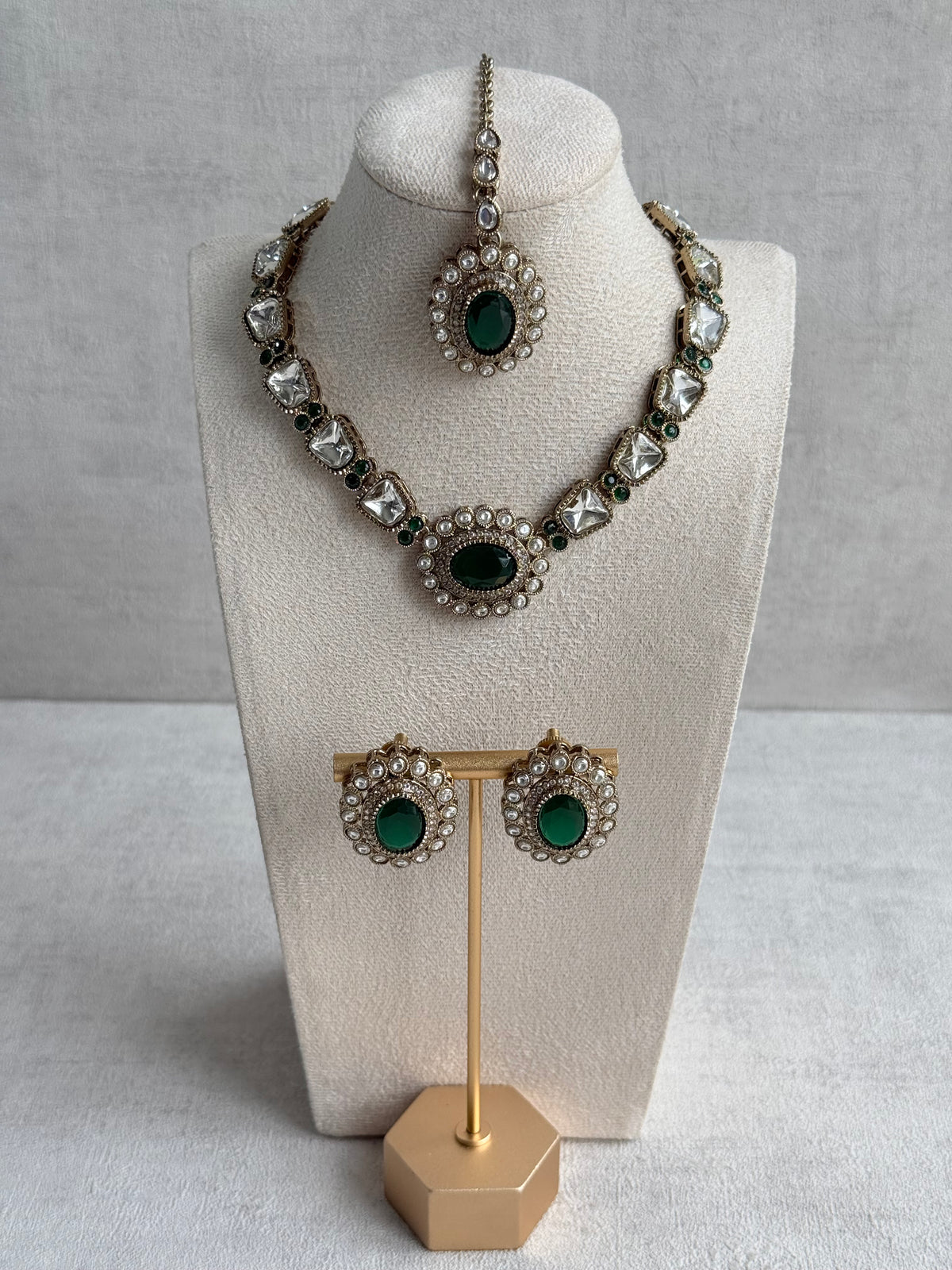 Ayura Designs Inza Necklace Set – Emerald Green Stones, Kundan & Crystals with Antique Gold Finish