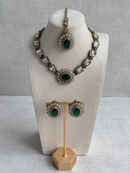 Ayura Designs Inza Necklace Set – Emerald Green Stones, Kundan & Crystals with Antique Gold Finish