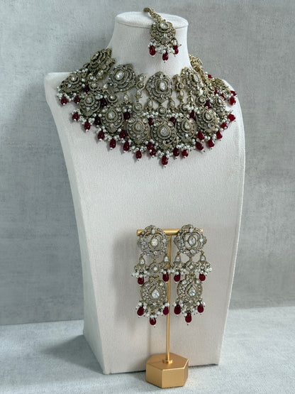 Ayura Designs Fazal Set with Necklace, Earrings & Tikka – Ruby Red Drops, Pearl Detailing & Moissanite Stonework