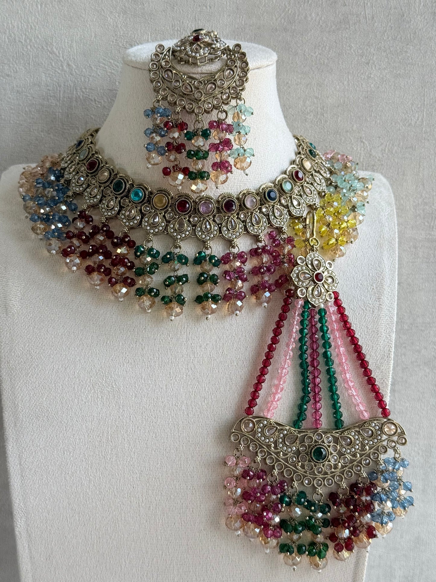 Ayura Designs Dilnaz Necklace Set with Earrings, Tikka & Passa – Multicolour Crystal Beads & Antique Gold Finish