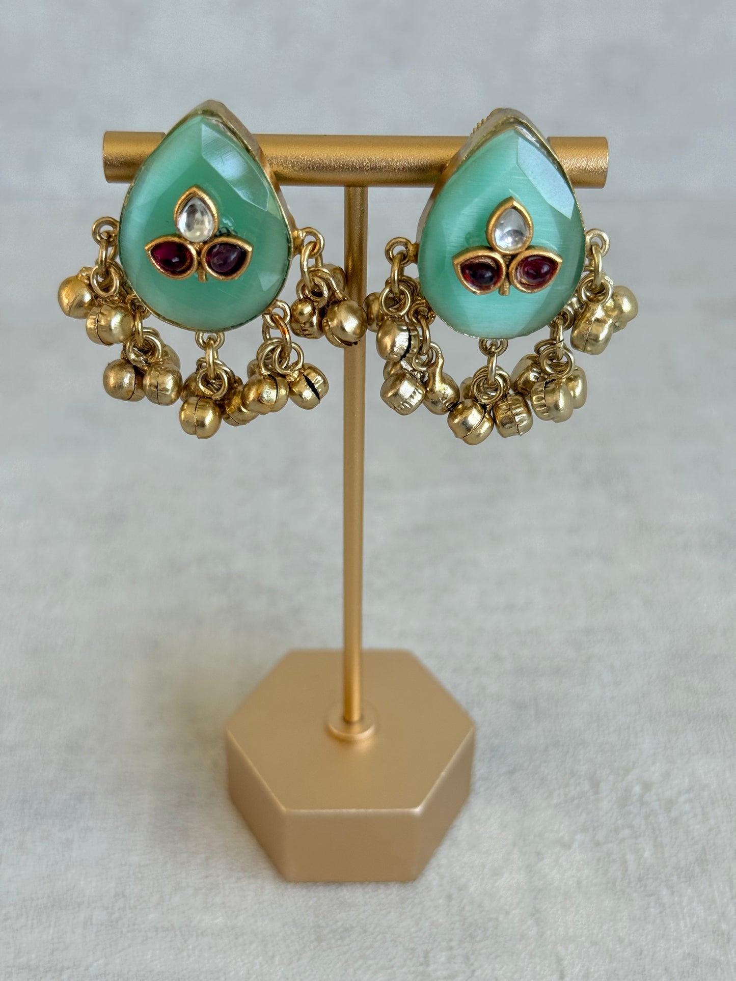 Ayura Designs Aykai Earrings – Mint Green Teardrop Stud Earrings with Clear & Pink Kundan Stones and Gold Ghungroo Drops