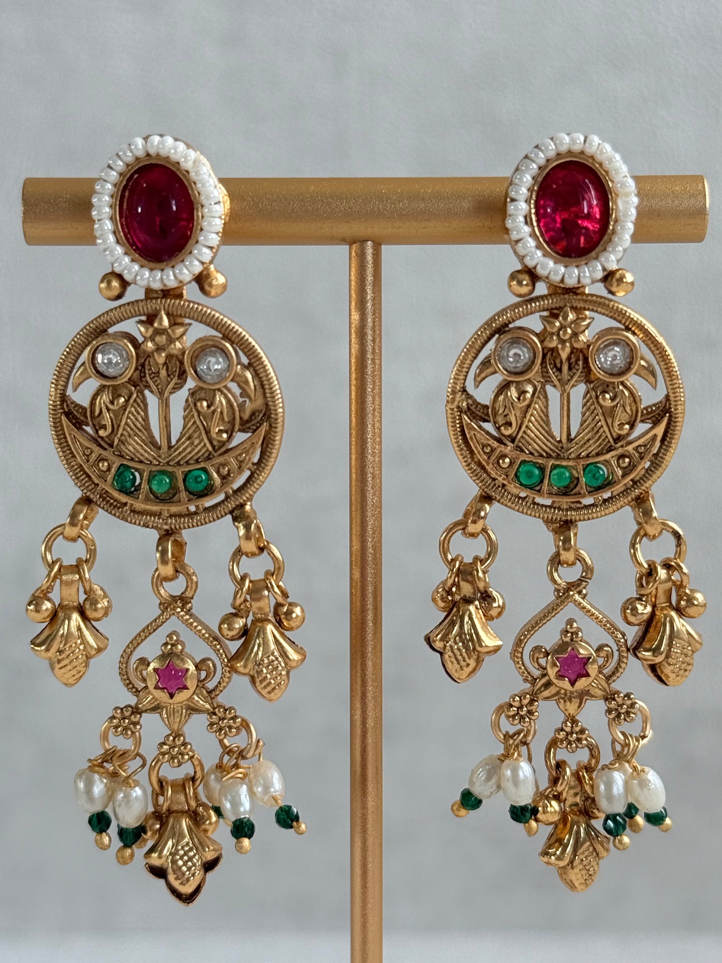 Ayura Designs Parchhai Necklace Set with Earrings – Ruby Red, Rose Pink & Emerald Green Stones, Bird Motifs & Pearl Detailing