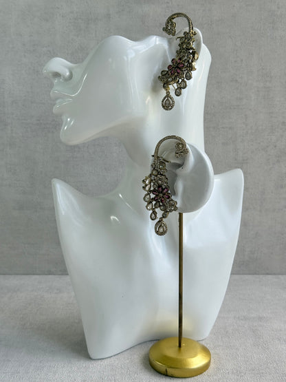 Ayura Designs Aksara Kaanphool Earrings – Rani Pink Stones, Kundan, Crystals & Antique Gold Finish