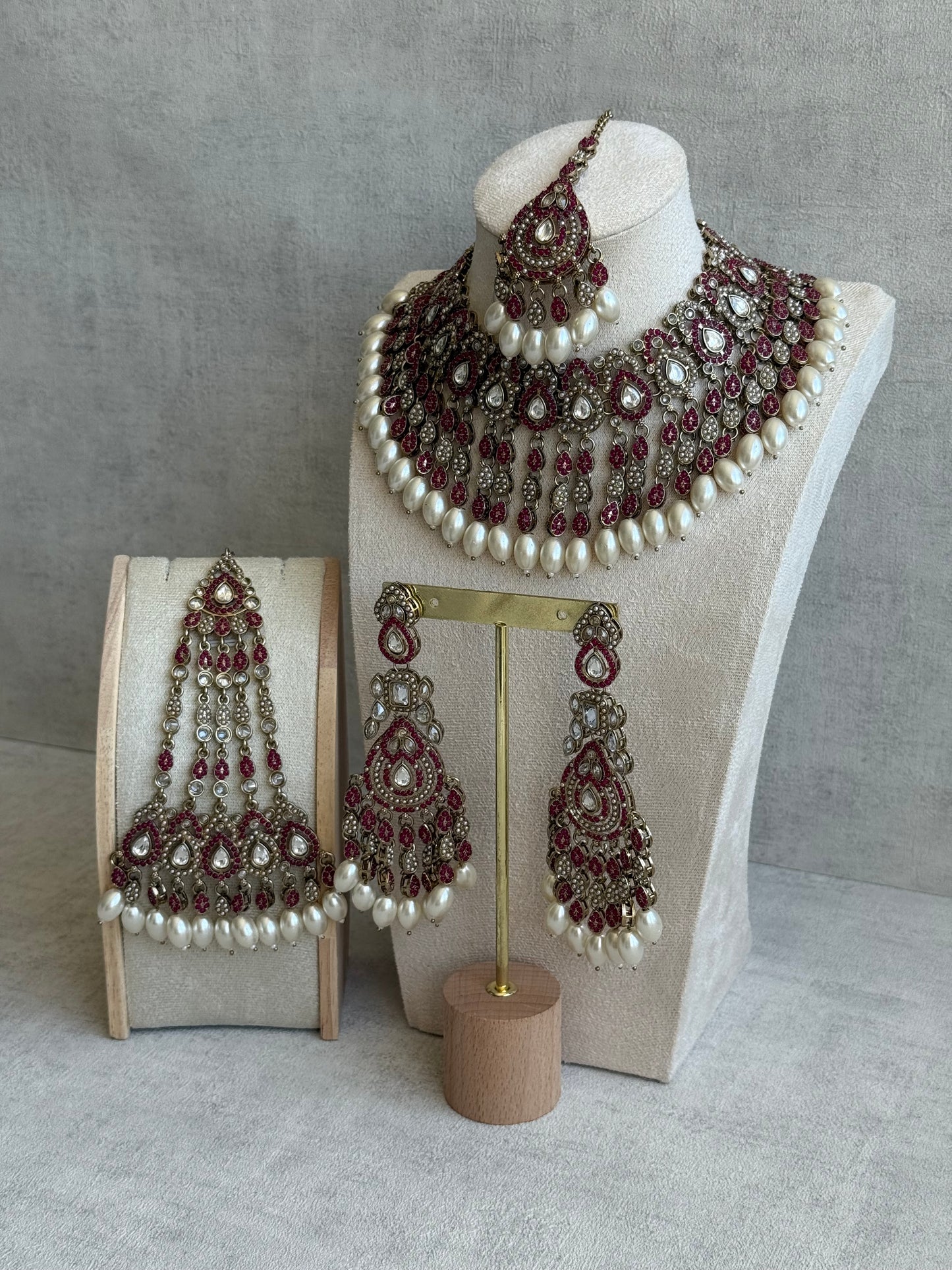 Ayura Designs Riwaayat Set with Necklace, Earrings, Tikka & Passa – Fuchsia Stones, Mirror-Cut Detailing & Ivory Pearl Drops
