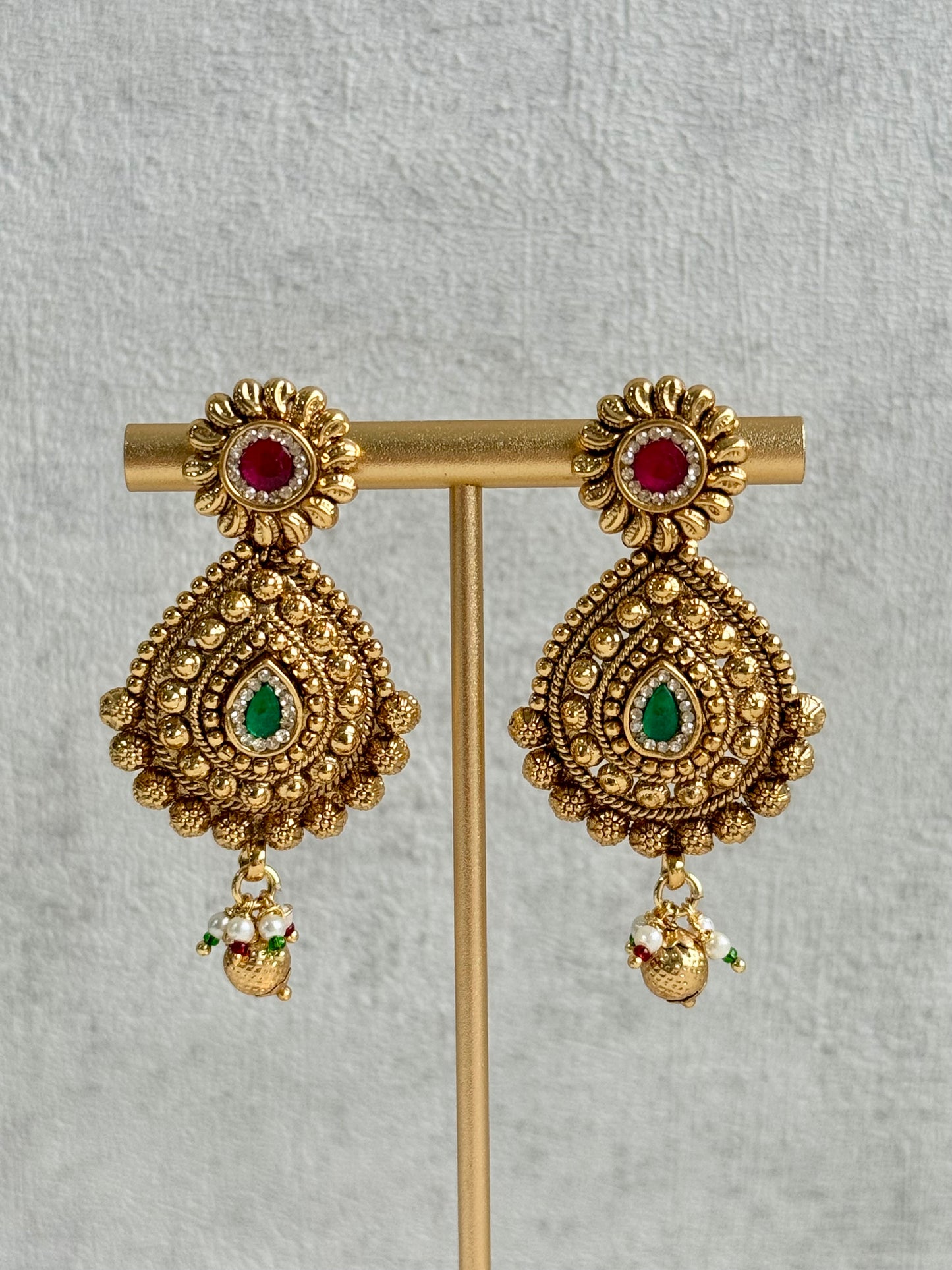 Ayura Designs Ayma Necklace Set with Earrings – Antique Gold Finish with Ruby Pink, Emerald Green & Crystal Detailing