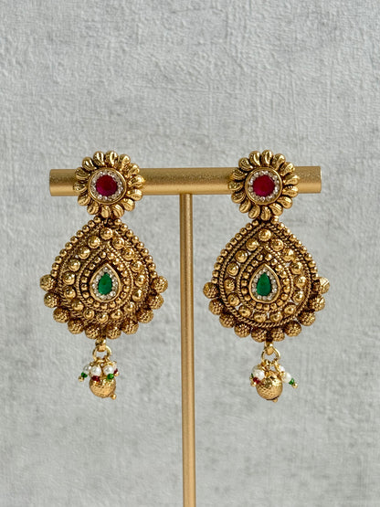 Ayura Designs Ayma Necklace Set with Earrings – Antique Gold Finish with Ruby Pink, Emerald Green & Crystal Detailing