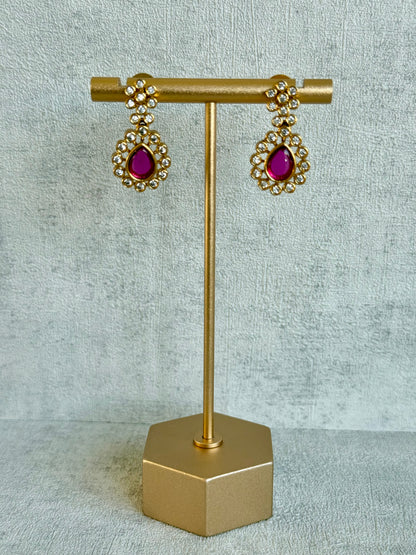 Ayura Designs Maanya Set with Earrings – Multicolour Stones with Rani Pink Centre & Crystal Detailing