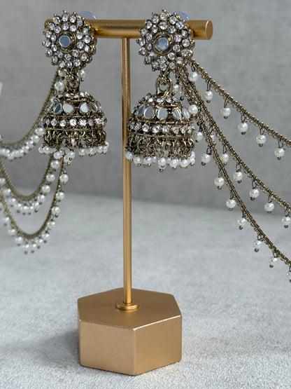 Ayura Designs Aks-e-Noor Jhumkis – Antique Gold Mirror & Crystal Earrings with Detachable Triple-Layer Pearl Sahare