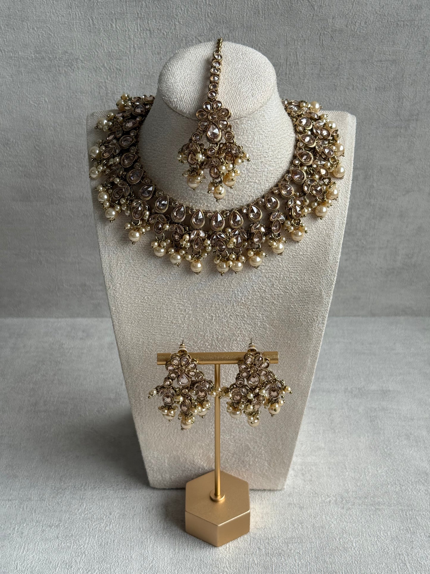 Ayura Designs Rameen Set – Necklace, Earrings & Tikka with Champagne Stones, Ivory Pearls & Antique Gold Finish