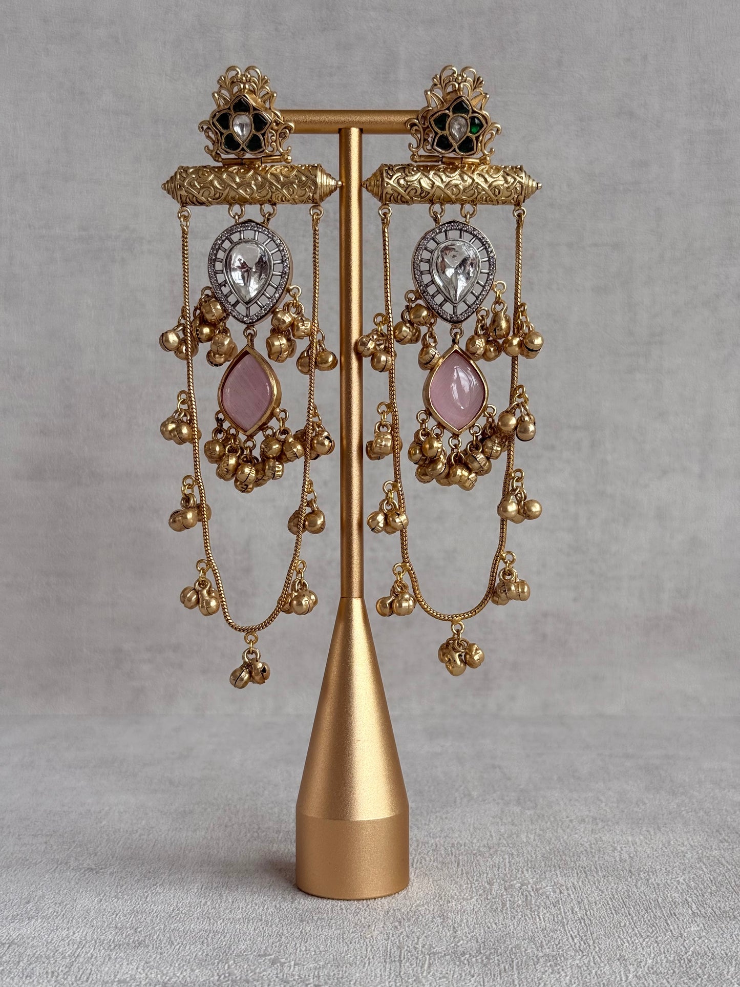 Ayura Designs Rouf Earrings – Kashmiri Earrings with Blush Pink Stone, Crystal Detailing & Ghungroo Accents