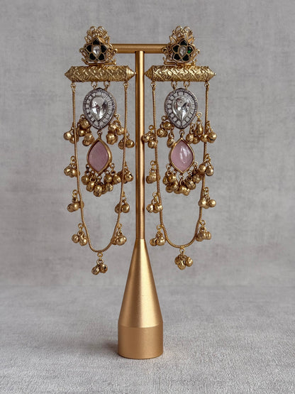 Ayura Designs Rouf Earrings – Kashmiri Earrings with Blush Pink Stone, Crystal Detailing & Ghungroo Accents