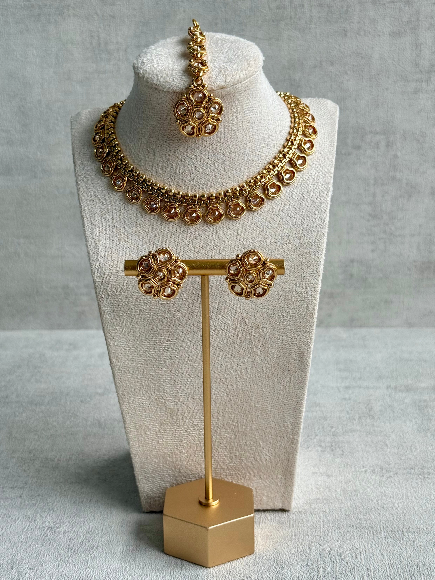 Ayura Designs Amala Set with Necklace, Studs & Tikka – Mirror-Cut Stones in Antique Gold Finish