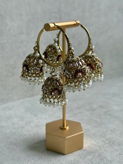 Ayura Designs Nakhra Balis – Ruby Red Triple Dome Earrings with Pearl Clusters & Mirror-Cut Detailing